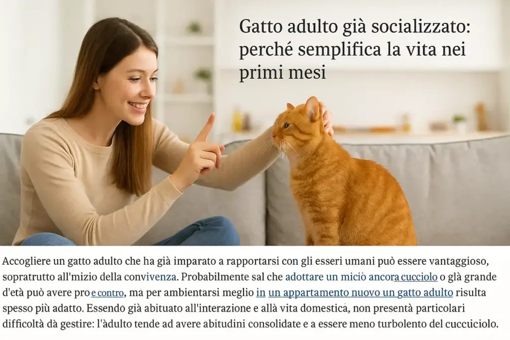 Gatto adulto già socializzato: perché semplifica la vita nei primi mesi