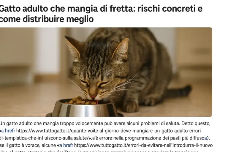Gatto adulto che mangia di fretta: rischi concreti e come distribuire meglio